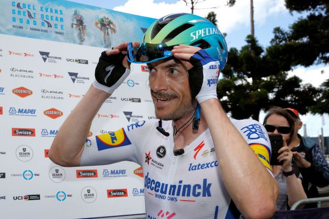 Dries Devenyns (Deceuninck-QuickStep) gives interviews to the media after taking victory