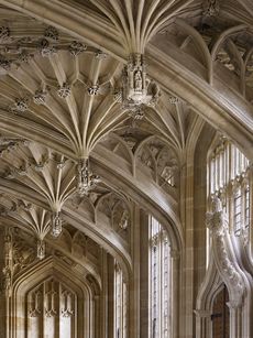 The east end of the Divinity School. Notice the surviving sculpture integrated within the design- Bodleian Library and Divinity School. Photographs Will Pryce © Country Life Picture Library