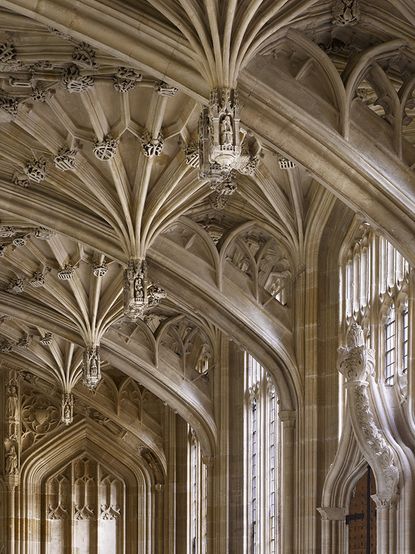The east end of the Divinity School. Notice the surviving sculpture integrated within the design- Bodleian Library and Divinity School. Photographs Will Pryce &copy; Country Life Picture Library