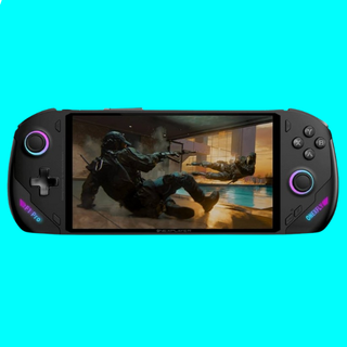 The OneXPlayer OneXFly F1 Pro gaming handheld on a light blue background