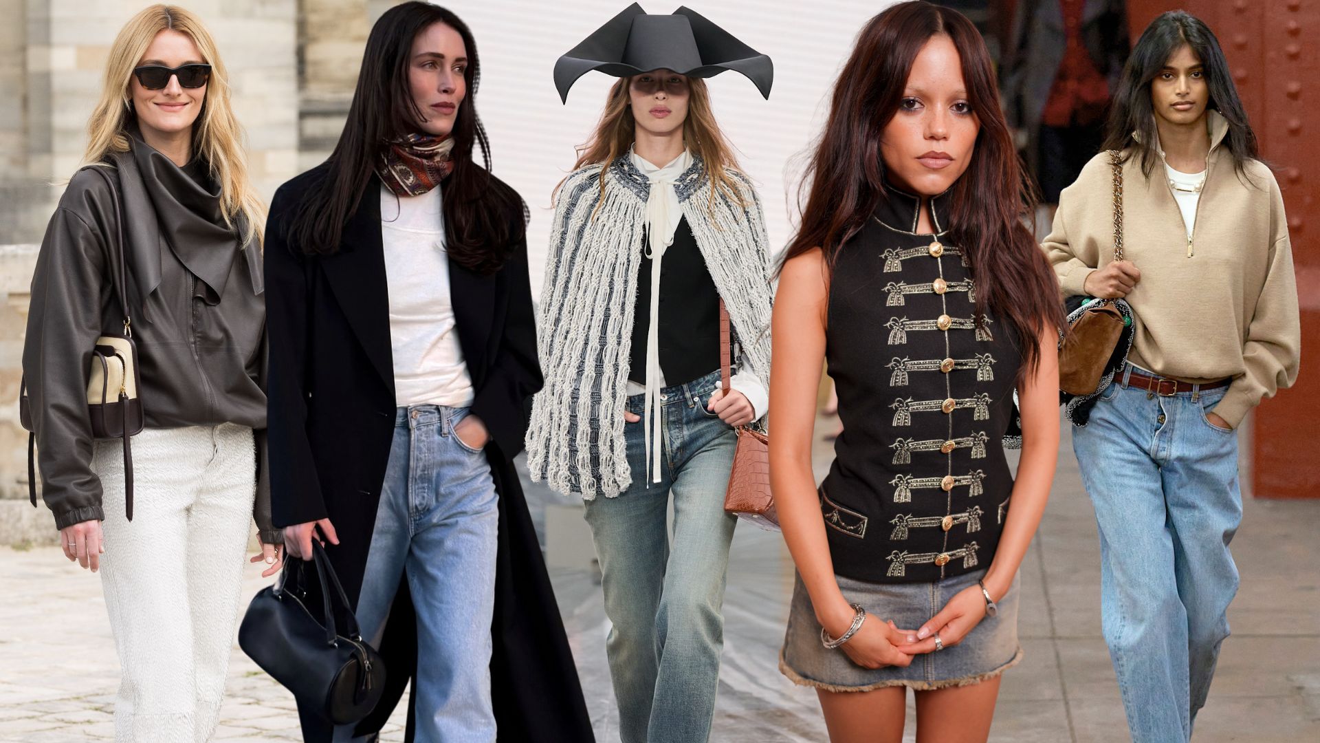 A collage of the biggest spring denim trends, including white jeans, denim mini skirts and relaxed jeans.