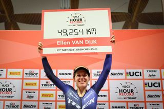 Dutch rider Ellen Van Dijk reacts after breaking the Hour Record in the Velodrome Suisse an indoor velodrome in Grenchen northern Switzerland on May 23 2022 Van Dijk broke the record with a new distance of 49254 km Photo by GABRIEL MONNET AFP Photo by GABRIEL MONNETAFP via Getty Images
