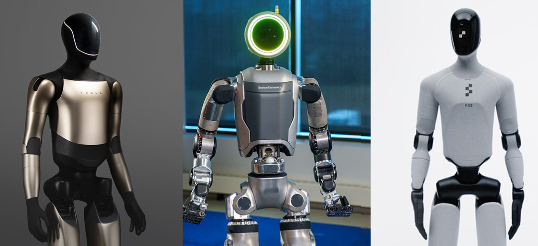 Tesla Optimus, Boston Dynamics Atlas and Figure AI Figure 03 humanoid robot designs