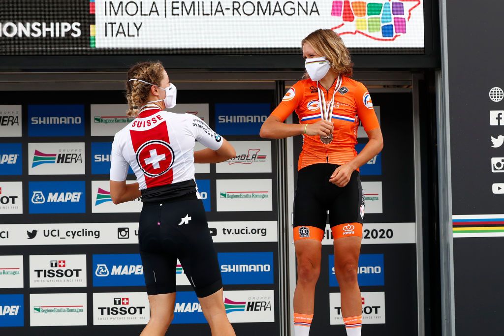 IMOLA ITALY SEPTEMBER 24 Pdium Marlen Reusser of Switzerland Silver medal Ellen Van Dijk of The Netherlands Bronze medal Celebration Social distance Mask Covid safety measures during the 93rd UCI Road World Championships 2020 Women Elite Individual Time Trial a 317km stage from Imola to Imola ITT ImolaEr2020 Imola2020 on September 24 2020 in Imola Italy Photo by Bas CzerwinskiGetty Images