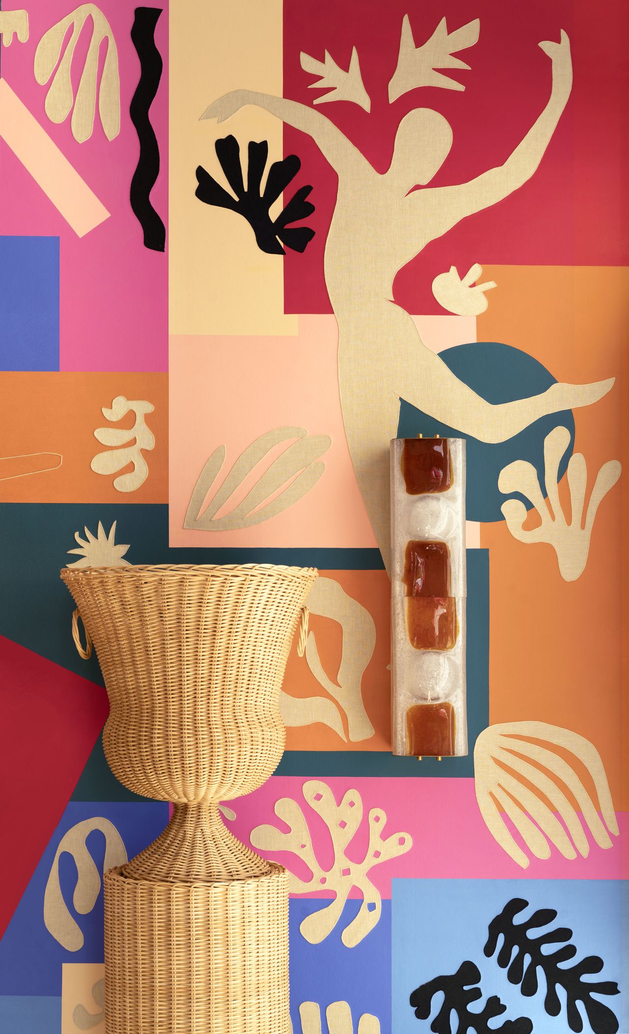 Colorful background with human figure and plant silhouettes