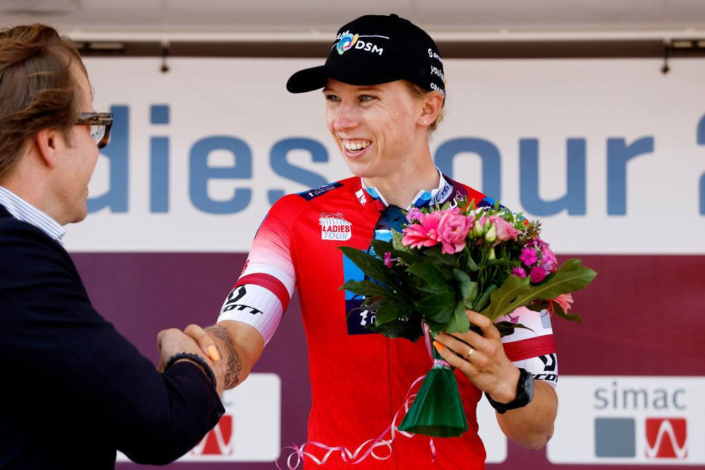 EDE NETHERLANDS AUGUST 31 Lorena Wiebes of Netherlands and Team DSM celebrates winning the stage on the podium ceremony after 25th Simac Ladies Tour 2022 Stage 2 a 1178km stage from Ede to Ede SLT2022 UCIWWT on August 31 2022 in Ede Netherlands Photo by Bas CzerwinskiGetty Images