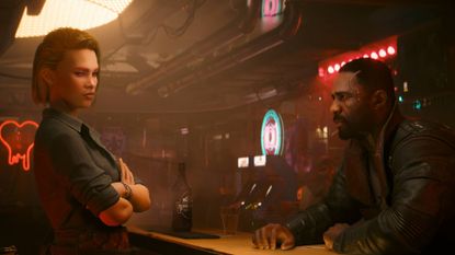 Reed and a woman in Cyberpunk 2077 in a bar.
