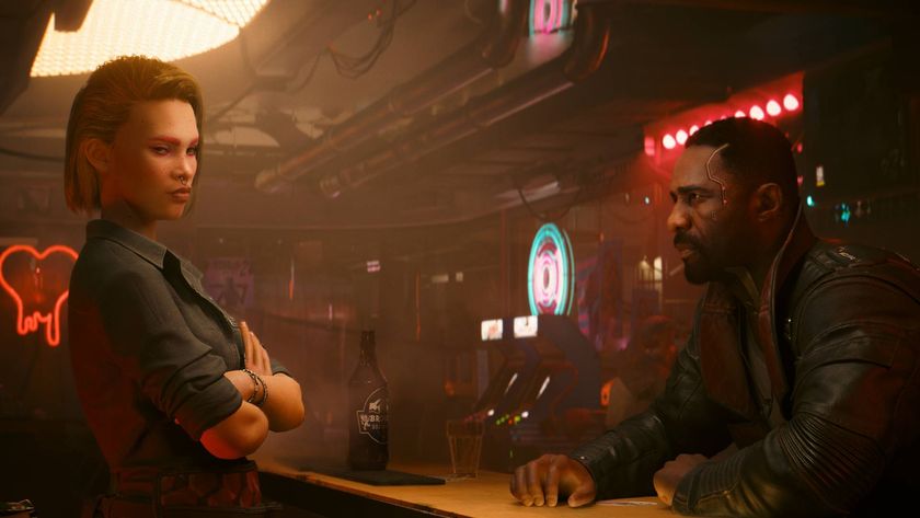 Reed and a woman in Cyberpunk 2077 in a bar.