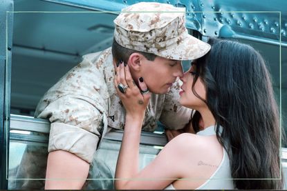 Sofia Carson and Nicholas Galatzine as Cassie and Luke in Netflix&#039;s Purple Hearts