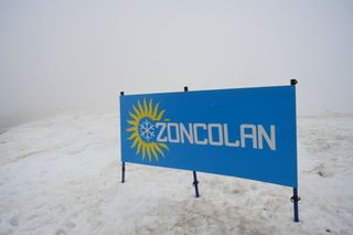 MONTE ZONCOLAN ITALY MAY 22 Snowy view of Monte Zoncolan finish area during the 104th Giro dItalia 2021 Stage 14 a 205km stage from Cittadella to Monte Zoncolan 1730m Detail view UCIworldtour girodiitalia Giro on May 22 2021 in Monte Zoncolan Italy Photo by Stuart FranklinGetty Images