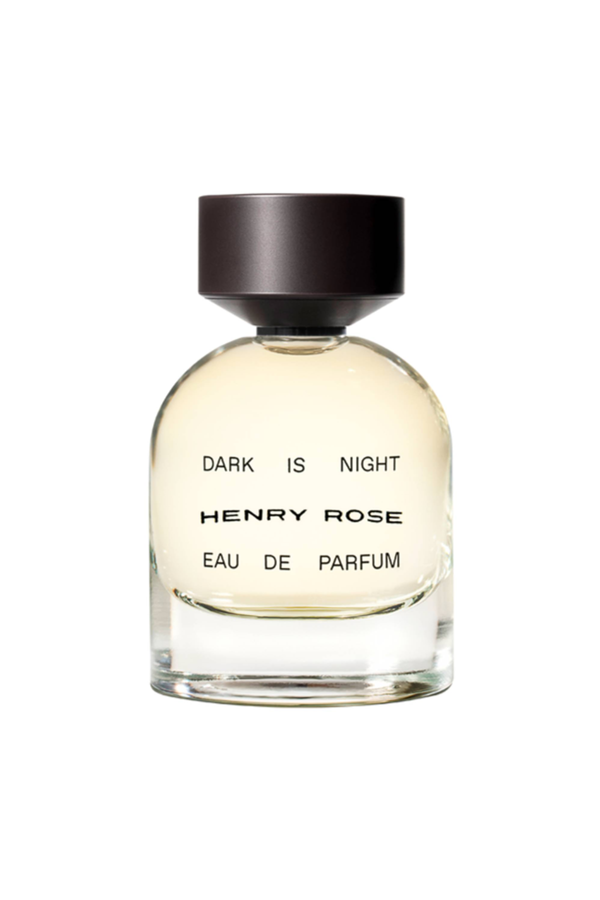 A bottle of Henry Rose Dark Is Night perfume against a white background.
