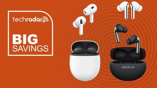 Apple Airpods Pro 2, Samsung Galaxy Buds 3 Pro, OnePlus Buds Pro 3, and Google Pixel Buds Pro 2 arranged on a TechRadar banner that says Big Savings