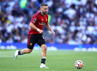 Luke Shaw of Manchester United controls the ball during the Premier League match between Tottenham Hotspur and Manchester United at Tottenham Hotspur Stadium on August 19, 2023 in London, England. (Photo by Chloe Knott - Danehouse/Getty Images) Chelsea target