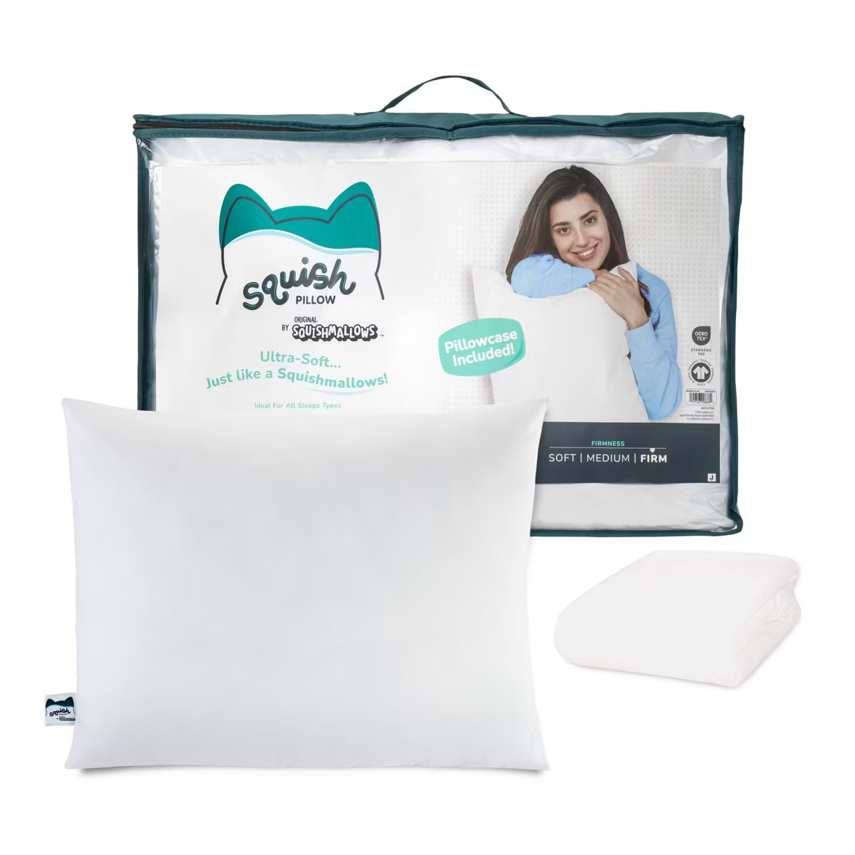 SquishPillow with its package against a neutral background