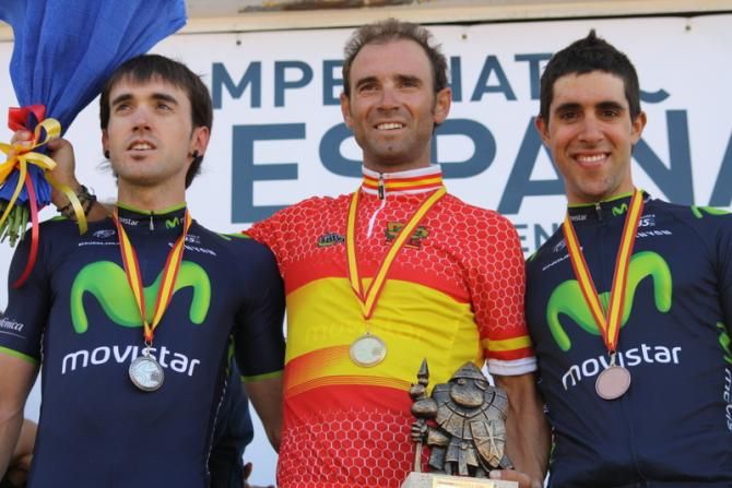 The podium reflected the Movistar Team show: l-to-r, Ion Izagirre, Alejandro Valverde and Jonathan Castroviejo