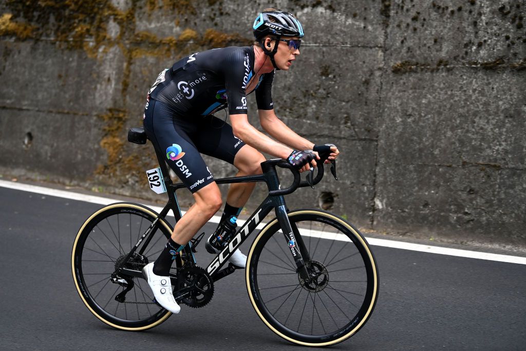 APRICA ITALY MAY 24 Thymen Arensman of Netherlands and Team DSM competes in the breakaway during the 105th Giro dItalia 2022 Stage 16 a 202km stage from Sal to Aprica 1173m Giro WorldTour on May 24 2022 in Aprica Italy Photo by Tim de WaeleGetty Images