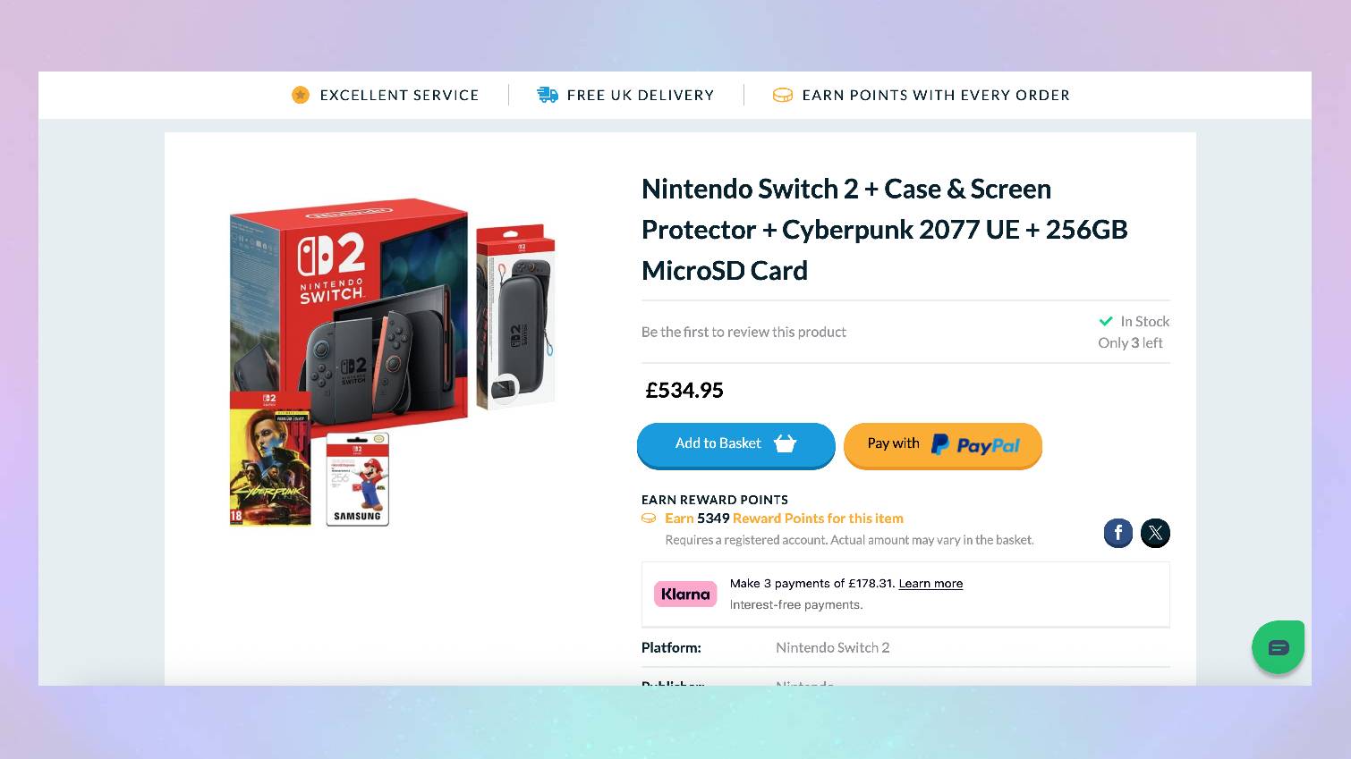 Screenshot of Nintendo Switch 2 listing at The Game Collection on colored background