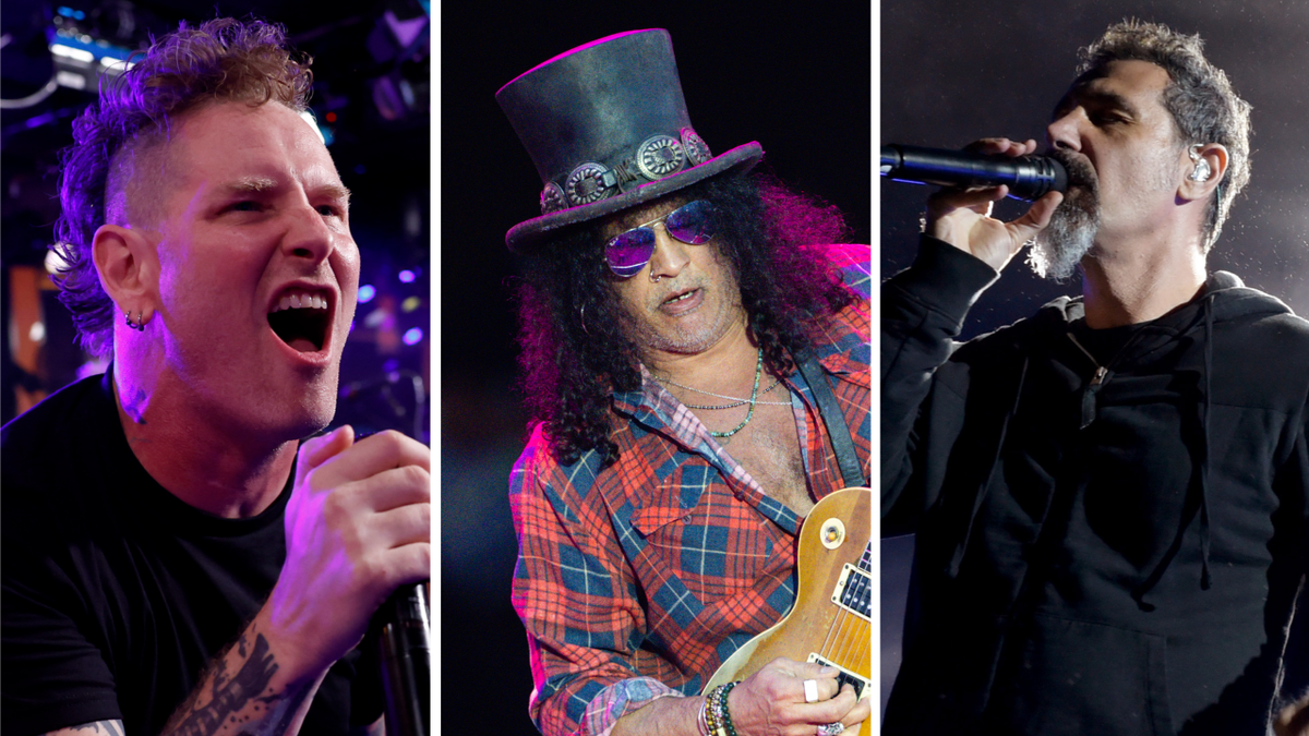 Corey Taylor, Slash and Serj Tankian performing onstage