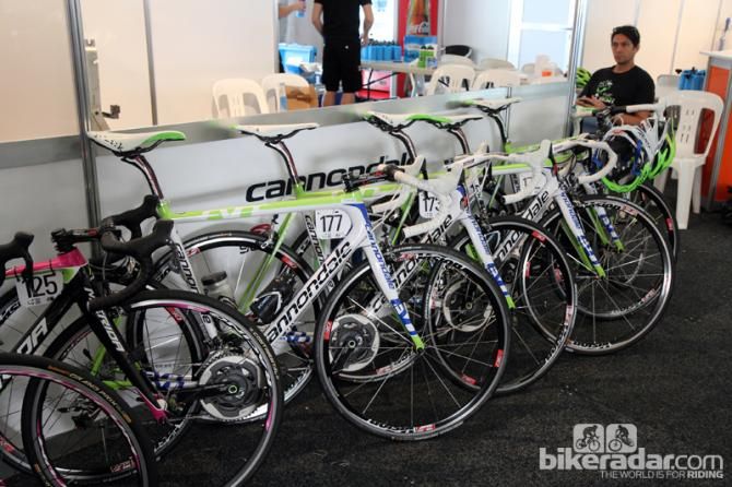 Factory team Cannondale SuperSix Evo Hi-Mod rigs stand at the ready before the start of the 2013 Tour Down Under.