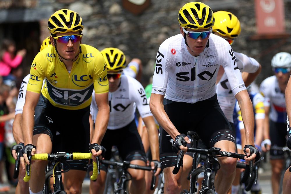 Chris Froome's Team Sky leads the peloton rides towards Raidillon Eau Rouge on Circuit de Spa-Francorchamps during stage three of the 2017 Le Tour de France
