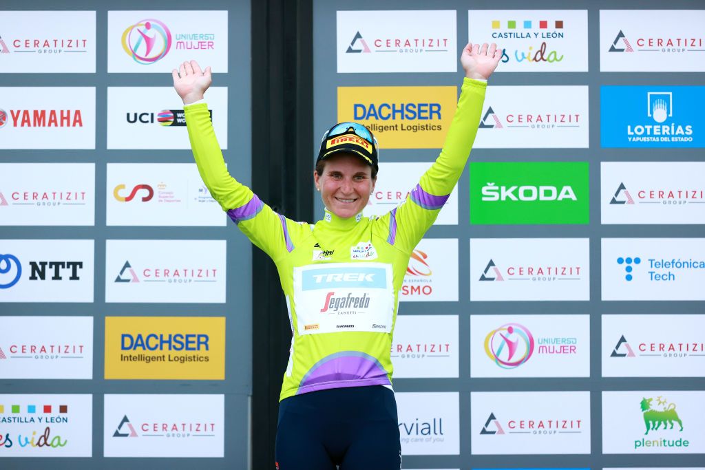 COLINDRES SPAIN SEPTEMBER 08 Elisa Longo Borghini of Italy and Team Trek Segafredo celebrates winning the Green Points Jersey on the podium ceremony after the 8th Ceratizit Challenge By La Vuelta 2022 Stage 2 a 1059km stage from Colindres to Colindres CERATIZITChallenge22 UCIWWT on on September 08 2022 in Colindres Spain Photo by Gonzalo Arroyo MorenoGetty Images
