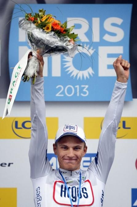 Marcel Kittel (Team Argos-Shimano) on the podium after winning stage 2 at Paris-Nice.