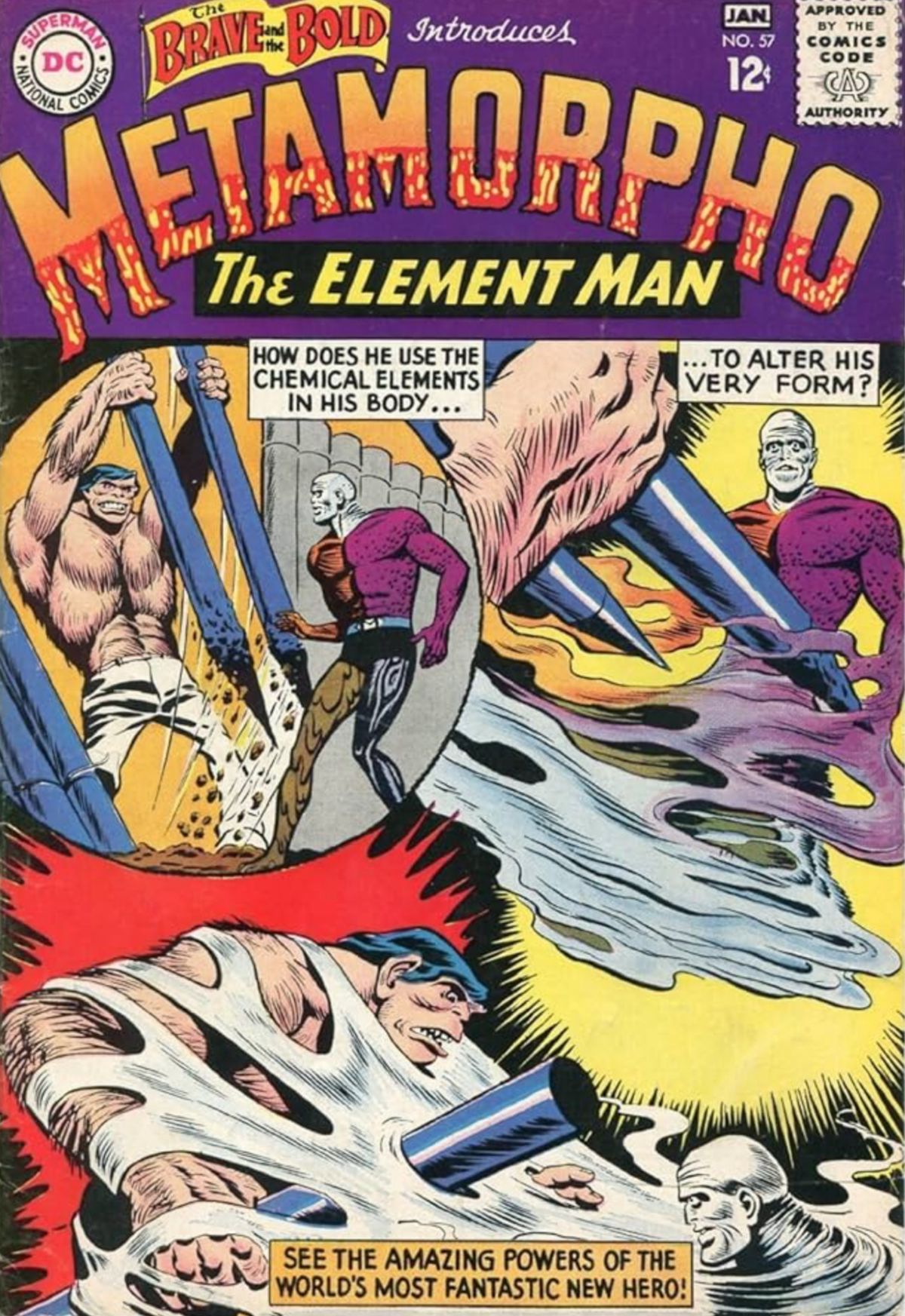 A Silver Age comic book cover with battling superheroes.