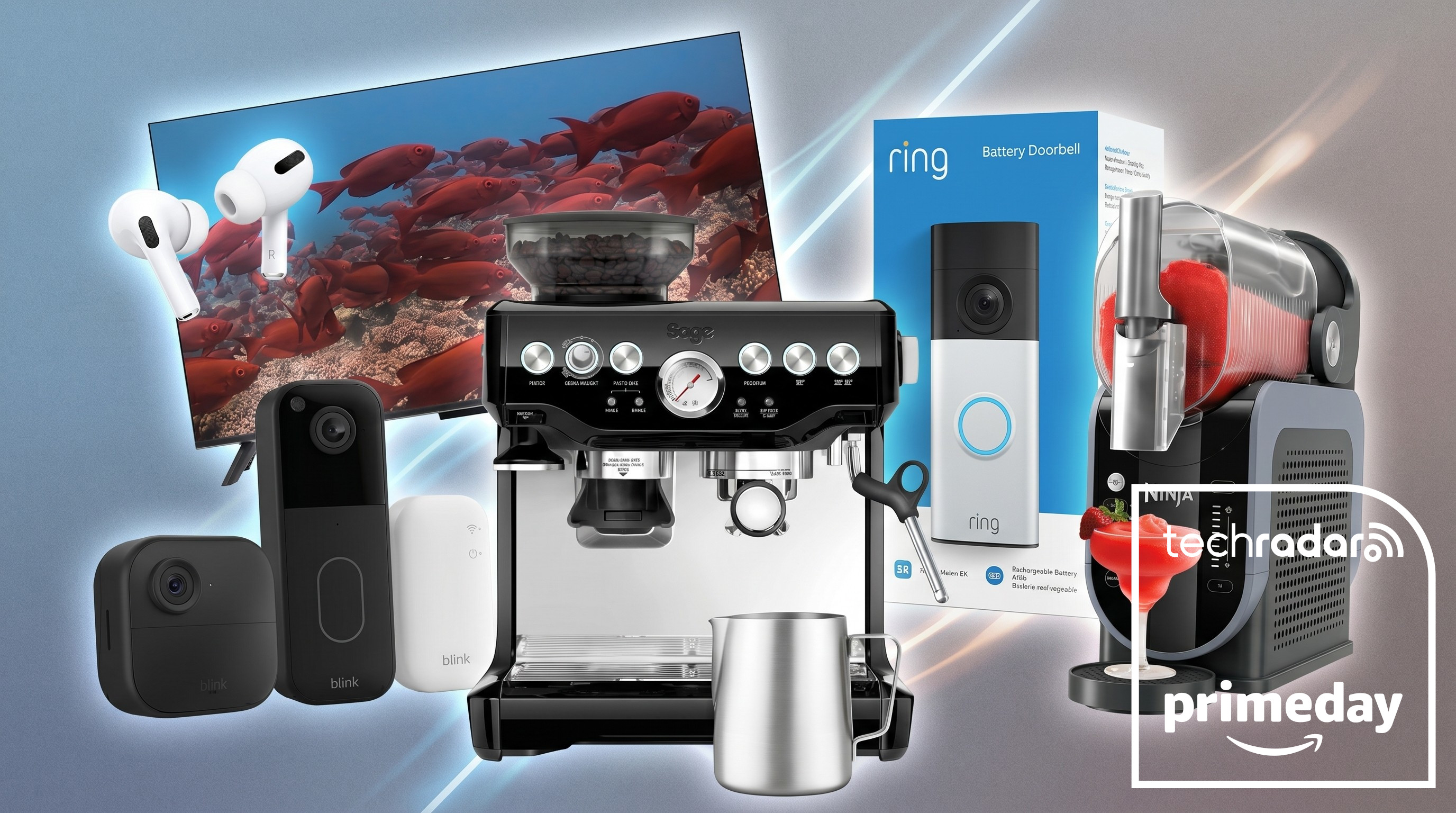 A collage of tech from the early Amazon Prime Day deals, including a Ember TV, Apple AirPods Pro 3, Blink Camera, Ring Doorbell, Ninja Slushi and Sage coffee machine.