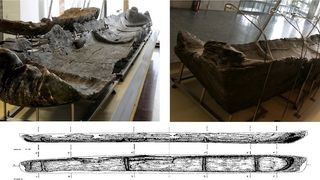 Two photos and an illustration of prehistoric canoes