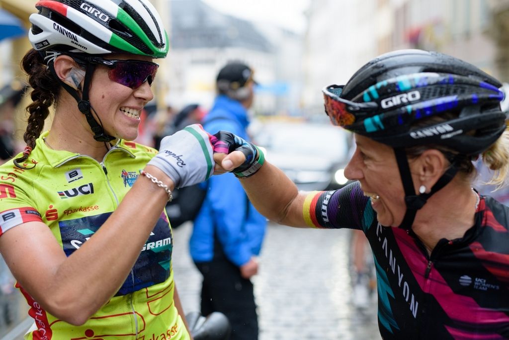 Fist bumps for Canyon-SRAM teammates Elena Elena Cecchini and Trixi Worrack