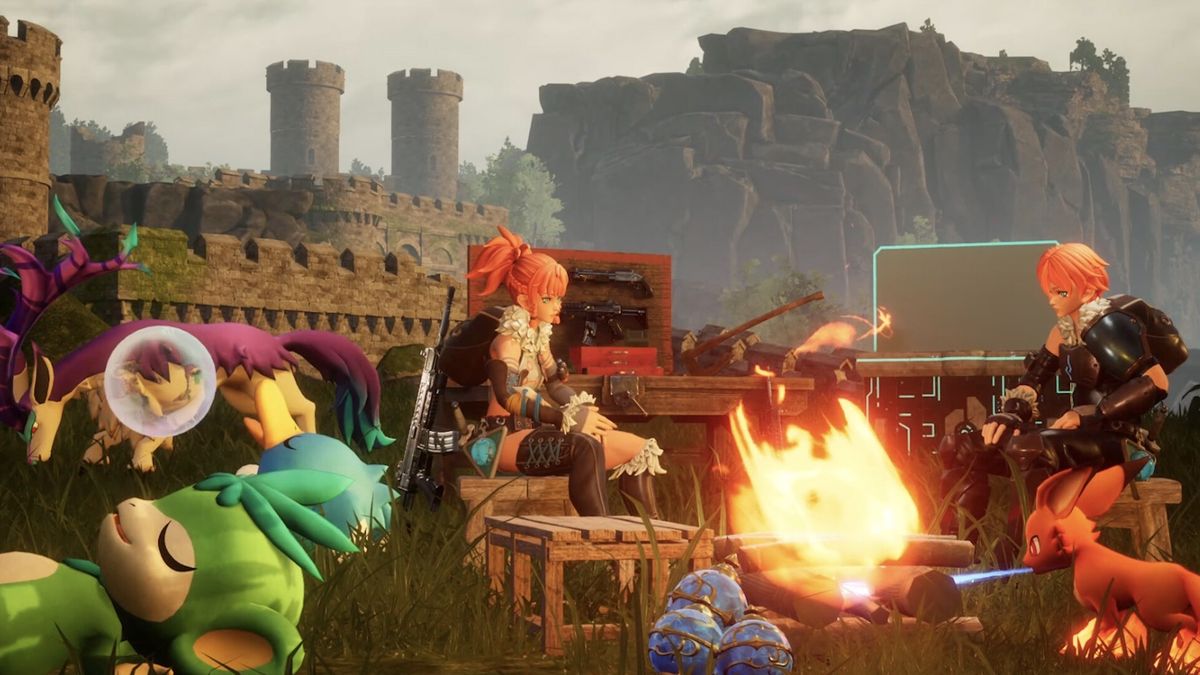 Pals and players sitting next to a roaring campfire. The players are cooking food on sticks over the flames