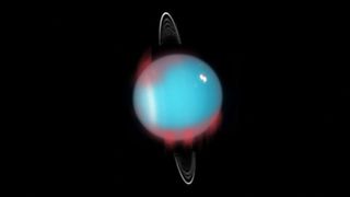 An artist's impression of the newfound infrared aurora superimposed on a Hubble Space Telescope photograph of Uranus.