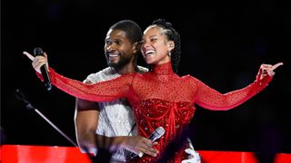 Usher and Alicia Keys performing at the Super Bowl Halftime Show 