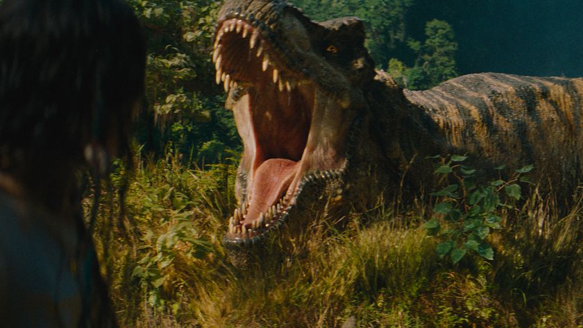 A T-Rex roaring in some vegetation in Jurassic World Rebirth