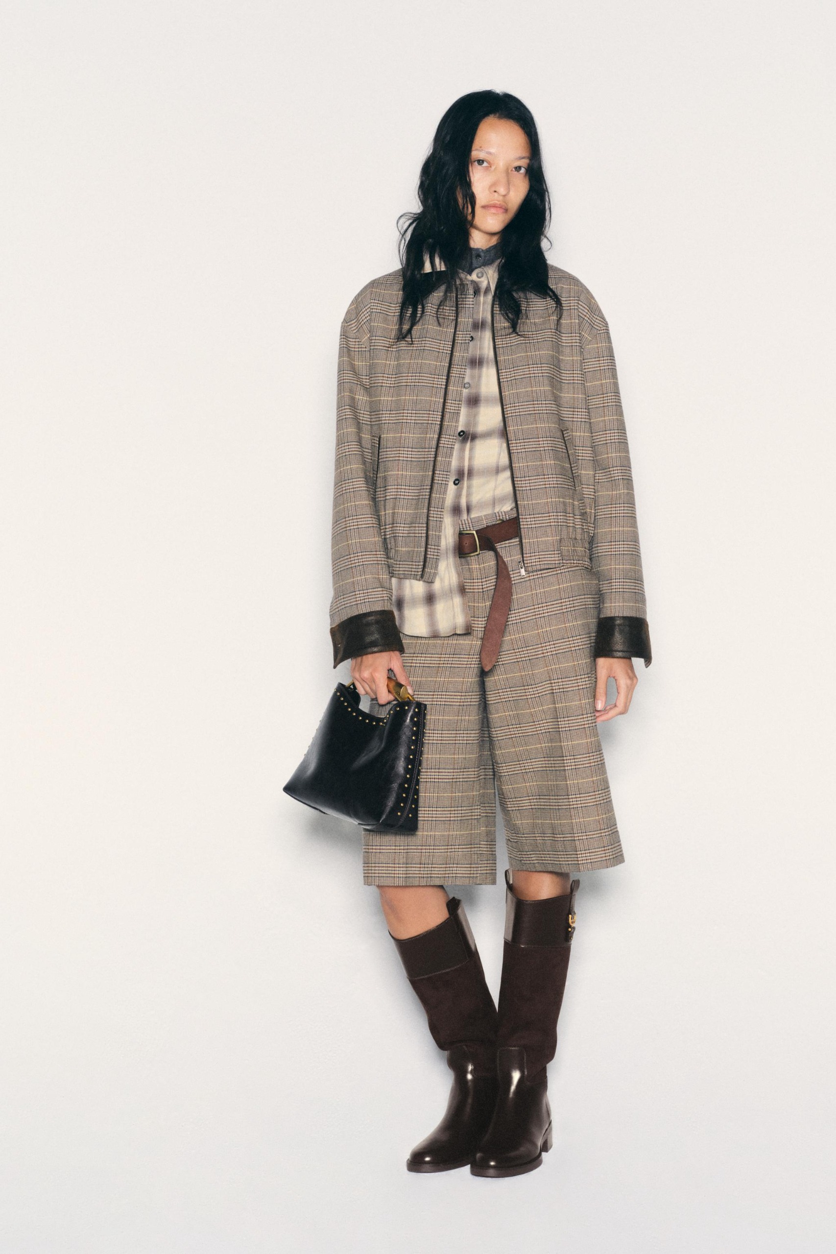 Mixed Material Riding Boots - Brown - 5