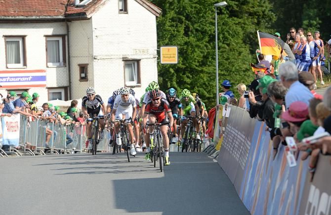 Cadel Evans (BMC) attacks the peloton through some tricky corners on the way to the finish line