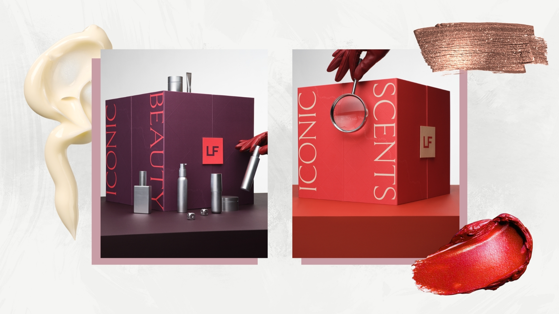 Two images of the Lookfantastic Beauty Advent Calendar and Fragrance Advent Calendar 2026 on a white background with pink boxes, cream, gold shimmer eyeshadow and red lipstick swatches