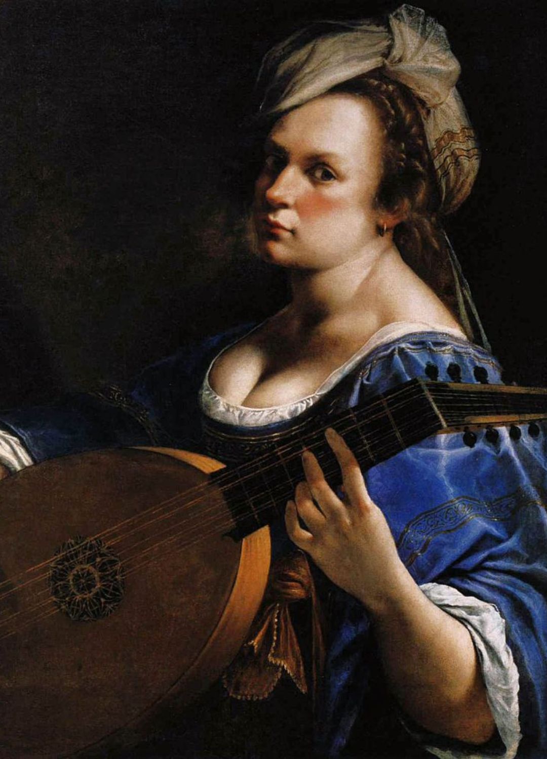 A self-portrait painting of Artemisia Gentileschi holding a lute