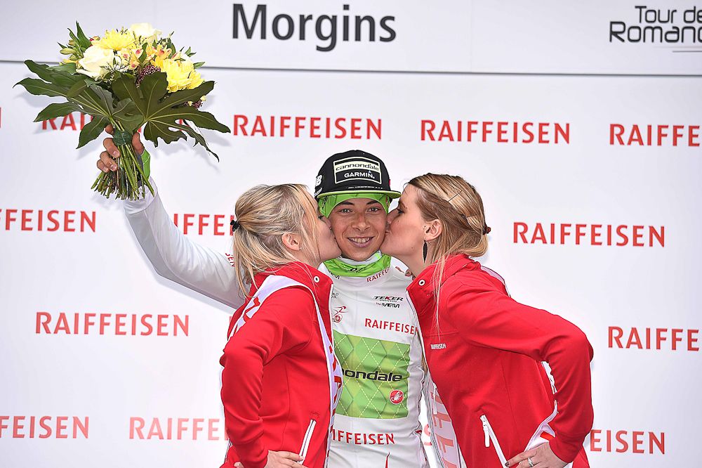 Davide Formolo in the white jersey after stage 4 at the Tour de Romandie.