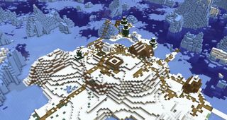 Minecraft - A tundra village on an island in a frozen ocean. The village has spawned covering a hill with lots of paths that con't connect to one another.