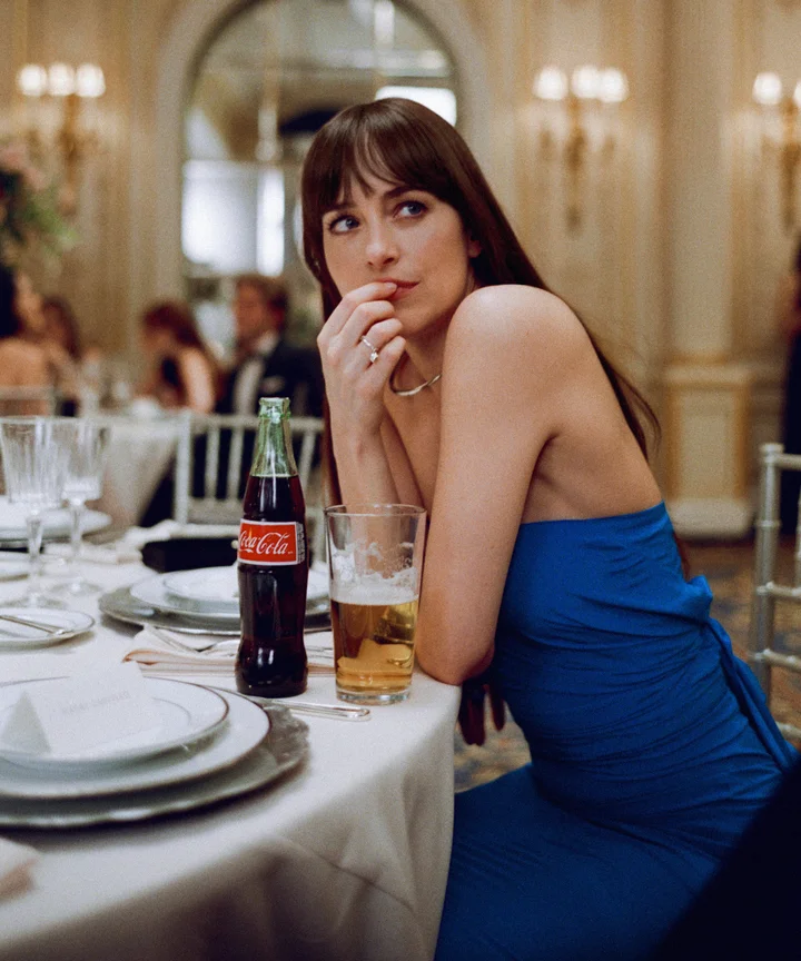 Dakota Johnson wearing a blue dress