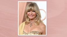 Goldie Hawn is pictured with a full fringe hairstyle and wearing a gold dress at the 97th Oscars held at the Dolby Theatre on March 2, 2025 in Hollywood, California/ in a pink template