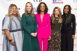 At The WICT Network’s 28th annual LEA Awards luncheon in Beverly Hills (l. to r.): honorees Kia Painter, Cox Communications, and Wendy McMahon, CBS News & Stations; host Nischelle Turner of ‘Entertainment Tonight;’ and honorees Beatrice Springborn, UPC and Universal International Studios; and Tara Duncan, Onyx Collective. 
