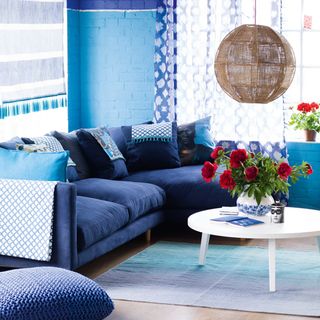 blue sofa against blue walls