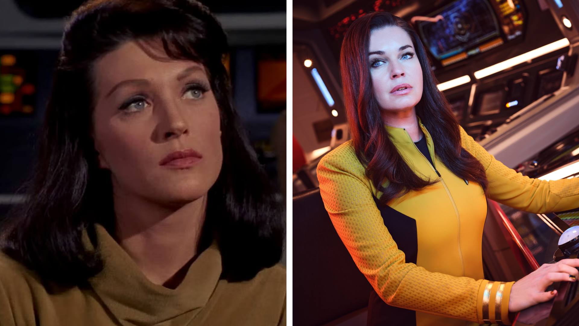 Split image showing Majel Barrett (Left) and Rebecca Romjin (Right), who played Una in Star Trek: The Original Series and Star Trek: Strange New Worlds, respectively.
