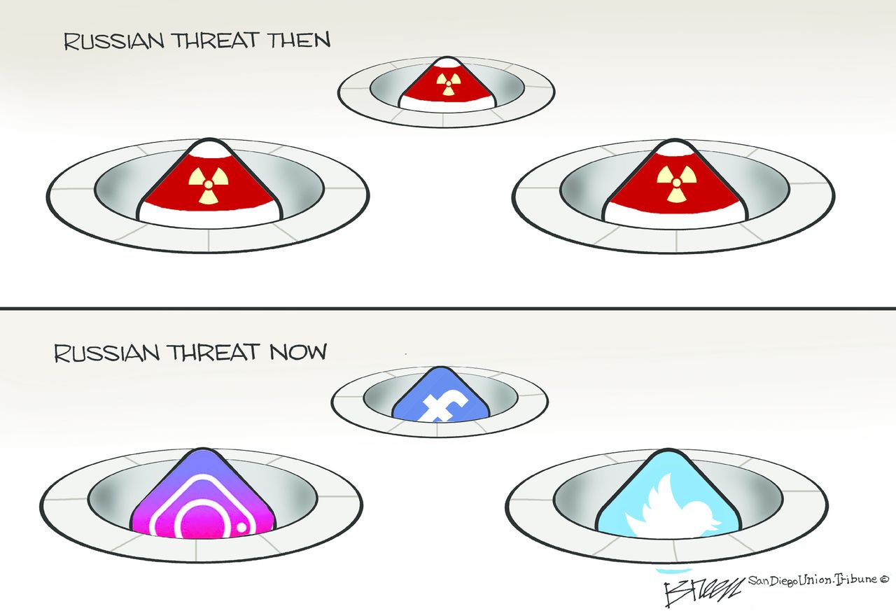 Political cartoon U.S. Russian threat then and now nuclear bombs social media Twitter Facebook Instagram