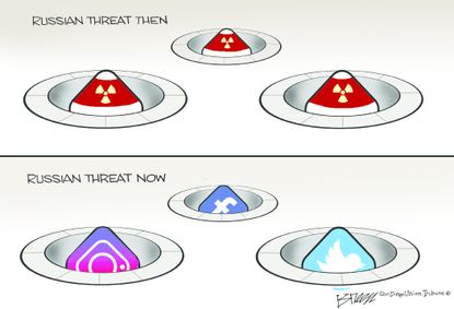 Political cartoon U.S. Russian threat then and now nuclear bombs social media Twitter Facebook Instagram