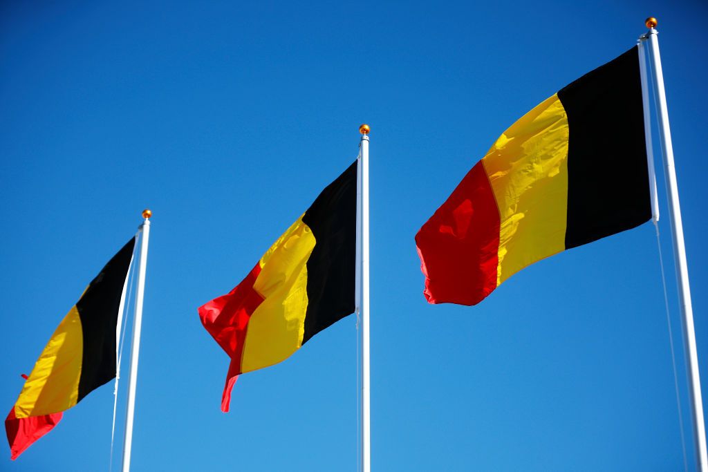 FAYETTEVILLE ARKANSAS JANUARY 29 Belgium flags on the during the medal ceremony after the 73rd UCI CycloCross World Championships Fayetteville 2022 Mens U23 Fayetteville2022 on January 29 2022 in Fayetteville Arkansas Photo by Chris GraythenGetty Images