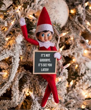 Elf on the Shelf in lit Christmas tree holding cardboard departure sign