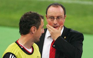 Rafael Benitez, the manager of Liverpool walks from the pitch at halftime with reserve goalkeeper, Jerzy Dudek during the UEFA Champions League Final match between Liverpool and AC Milan at the Olympic Stadium on May 23, 2007 in Athens, Greece. (Photo by Sandra Behne/Bongarts/Getty Images)